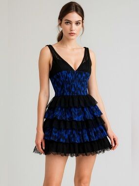 🛍️SALE🛍️ GUESS Black & Cobalt Blue Ruffled Lace Tiered Mini Dress